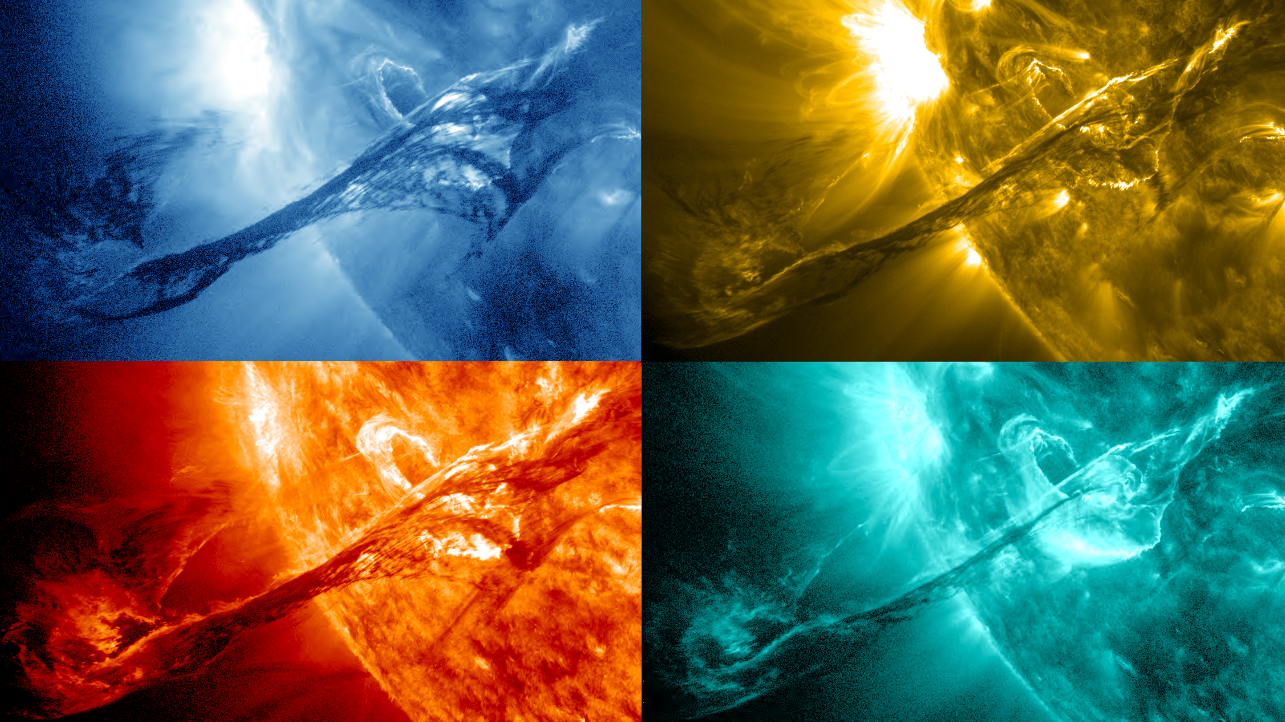 Eyección coronal solar: Una gran explosión solar, tomada en diferentes longitudes de onda por el Solar Dynamics Observatory (SDO) de la NASA. 